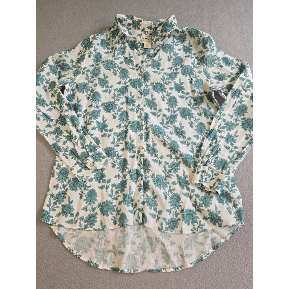 Cynthia Rowley Button Down Shirt Womens Medium White Teal Floral 100% Linen Long